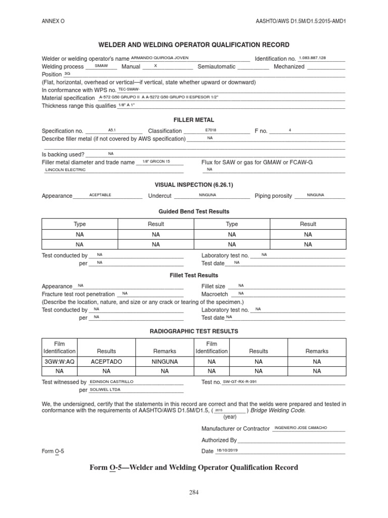 Form O-5-Welder and Welding Operator Qualification Record | PDF ...