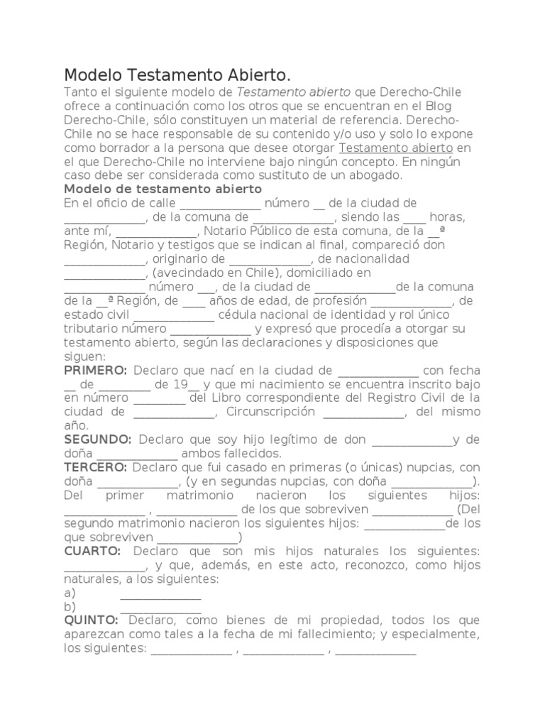 Modelo de Testamento Abierto en Chile | PDF | Voluntad y testamento ...