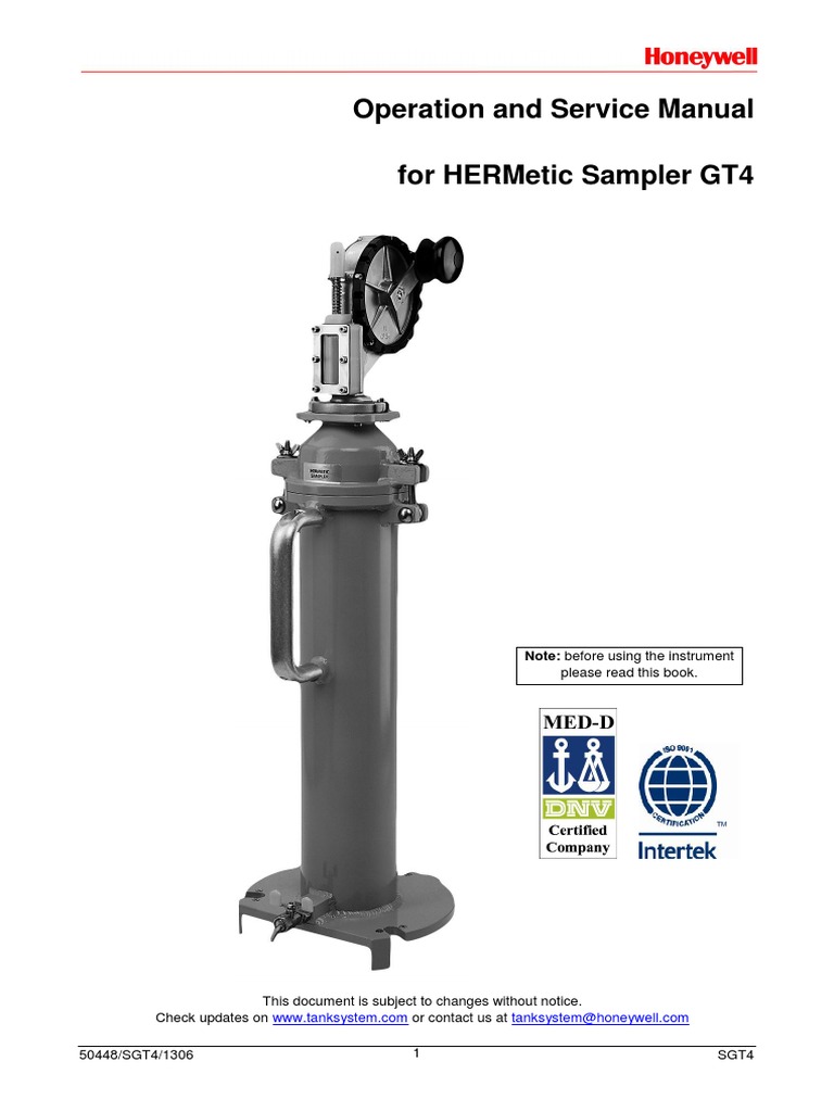 Operation and Service Manual For Hermetic Sampler Gt4: Please Read This ...