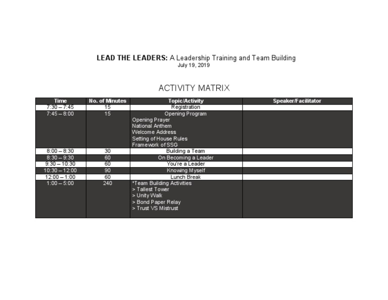 Activity Matrix: LEAD THE LEADERS: A Leadership Training and Team ...