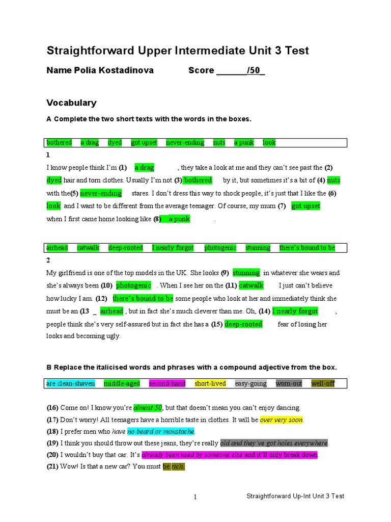 Straightforward Upper Intermediate Unit 3 Test Score | PDF | Clothing