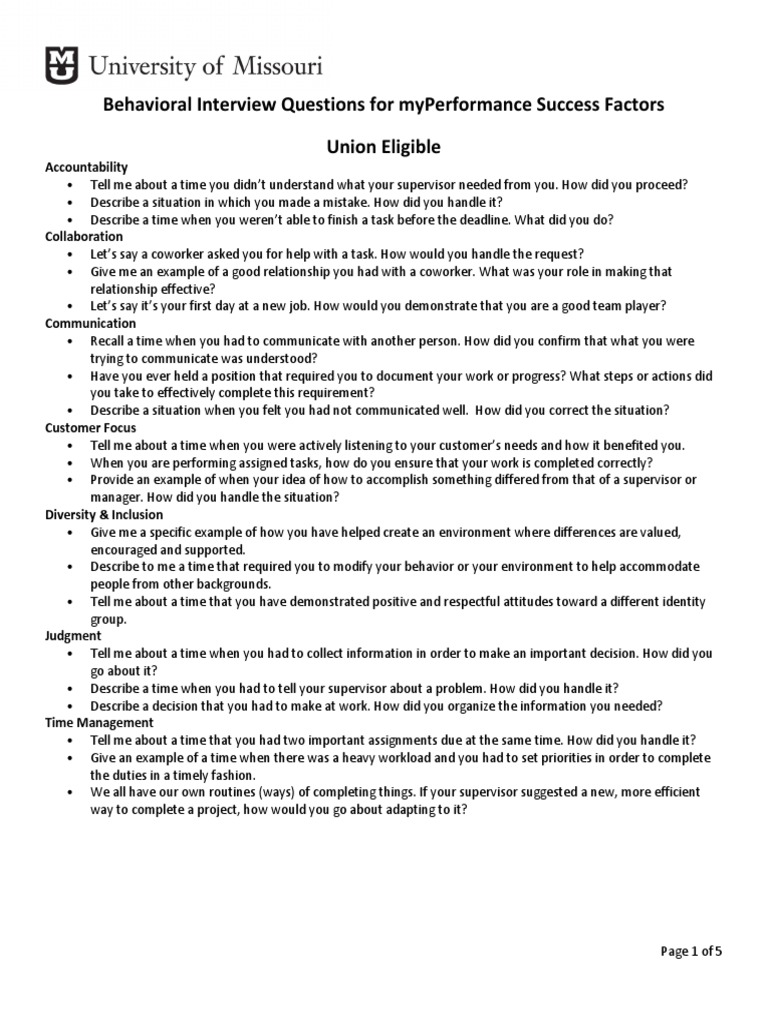 Behavioral Interview Questions Guide | PDF | Leadership | Inclusion ...