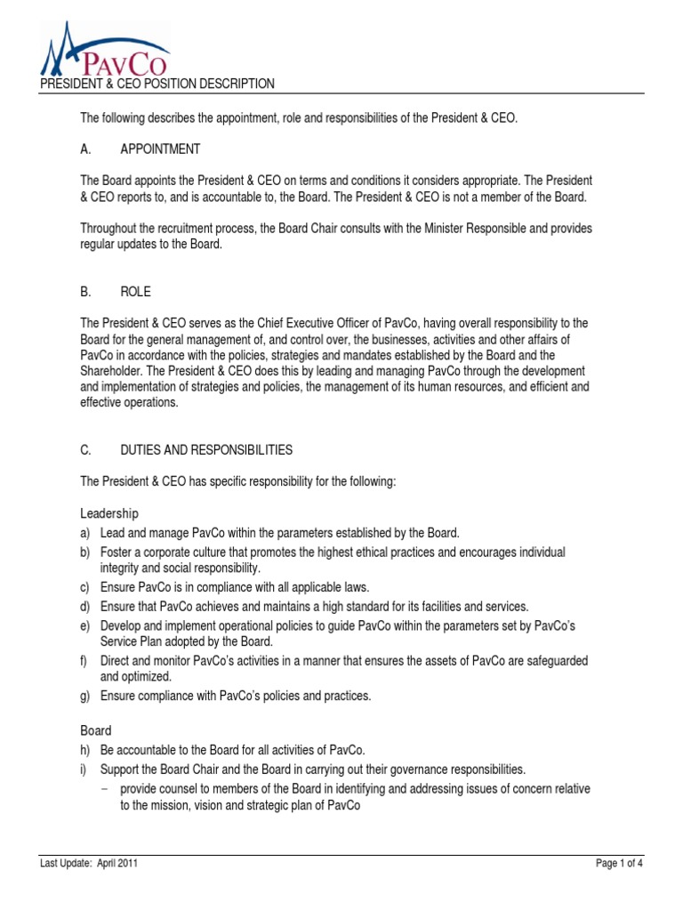 President Ceo Position Description: Last Update: April 2011 Page 1 of