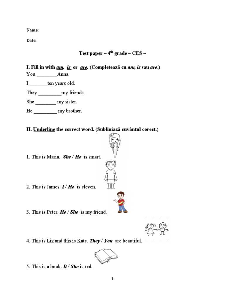 Test Paper - 4 Grade - CES - I. Fill in With Am, Is: or Are ...