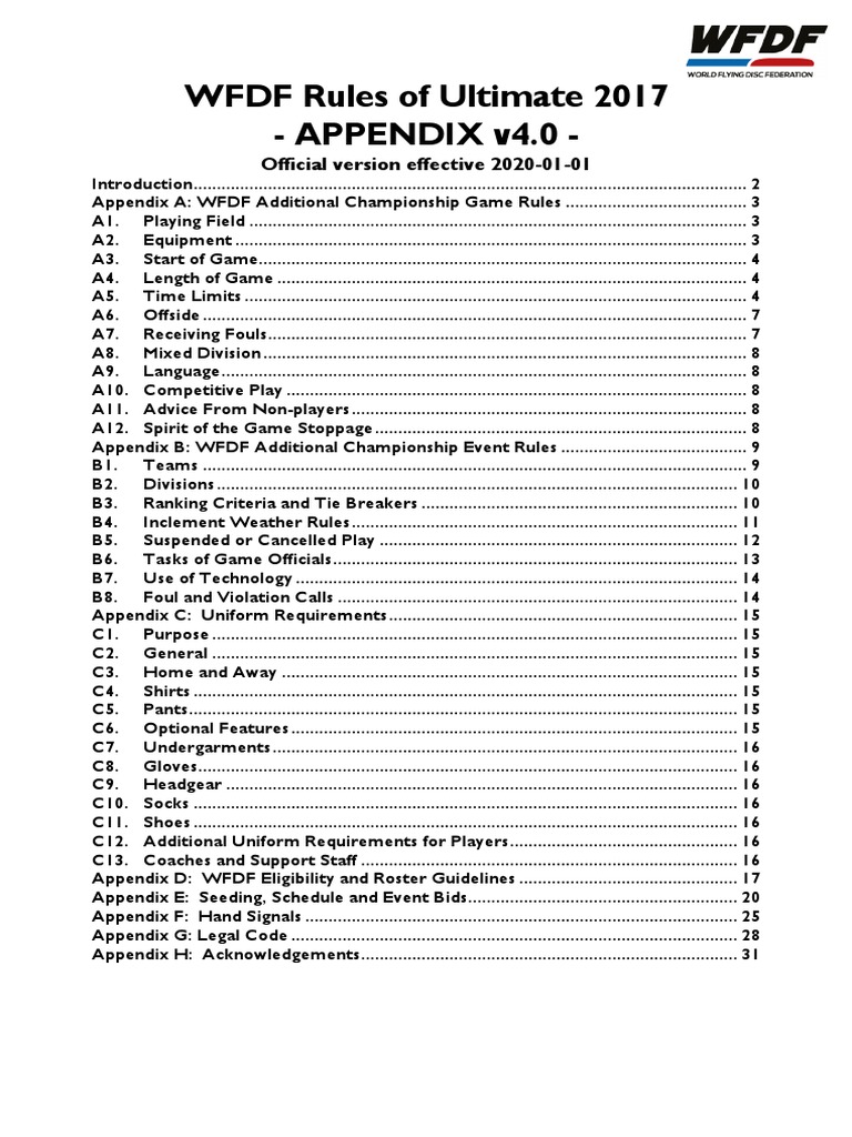 WFDF Rules of Ultimate 2017 - Appendix v4.0 PDF | PDF | Tournament ...