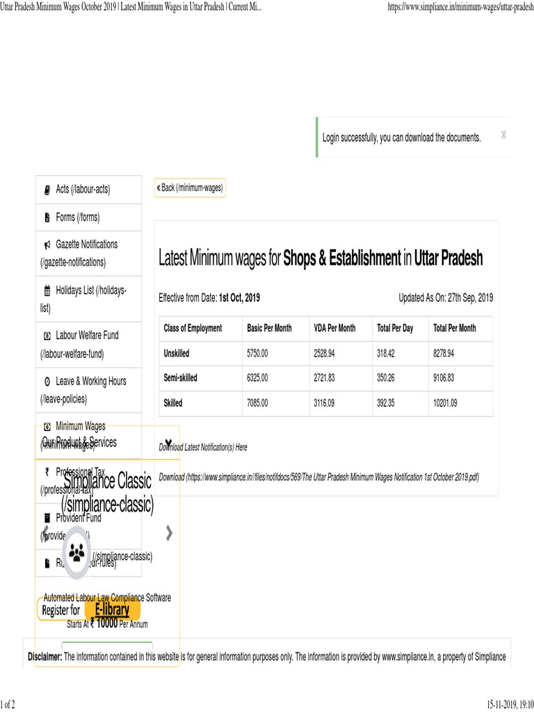 Latest Minimum Wages For Shops & Establishment in Uttar Pradesh PDF