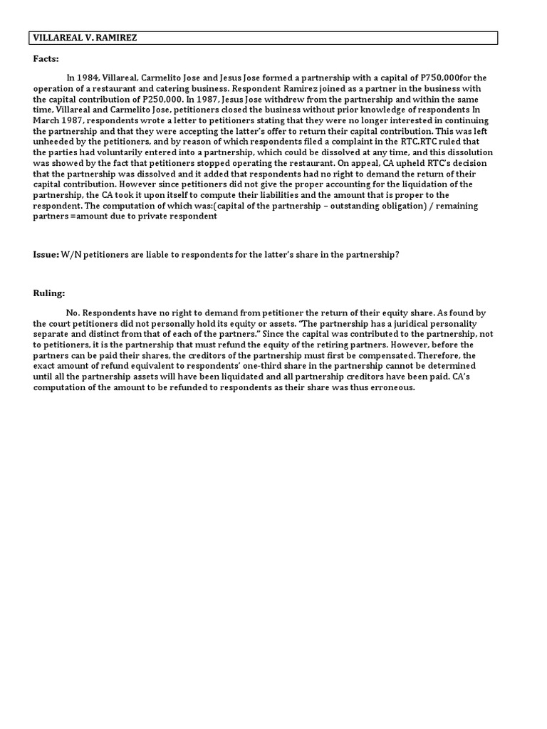 Villareal V Ramirez | PDF | Partnership | Liquidation