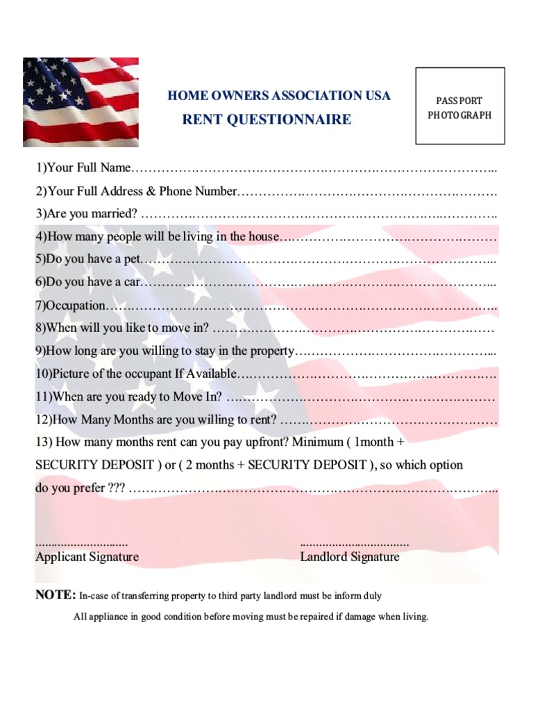 Rent Questionnaire Home Owners Association Usa PDF