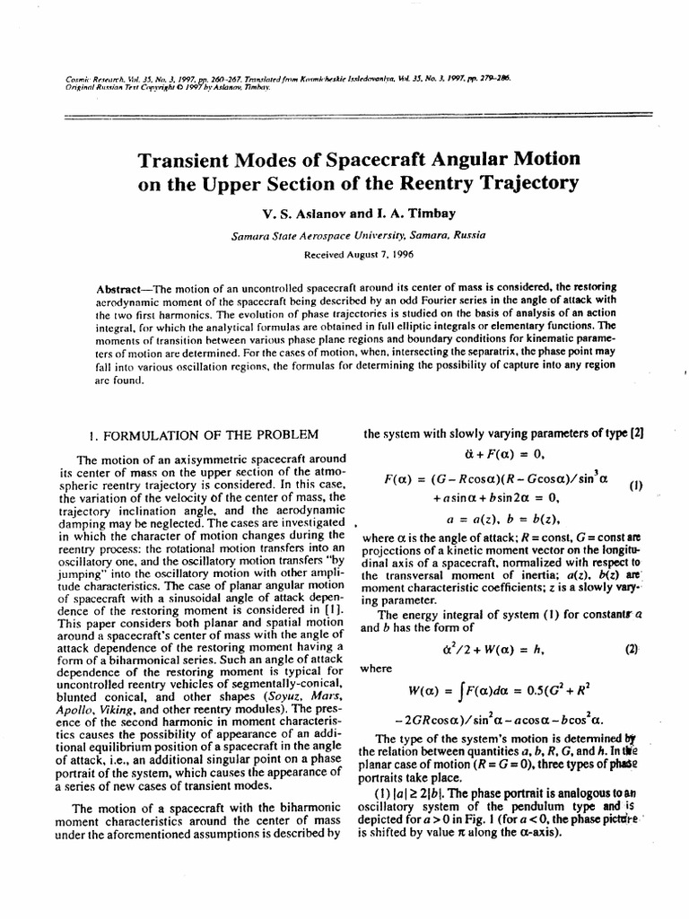 Spacecraft Angular Motion During Reentry | PDF | Zero Of A Function ...