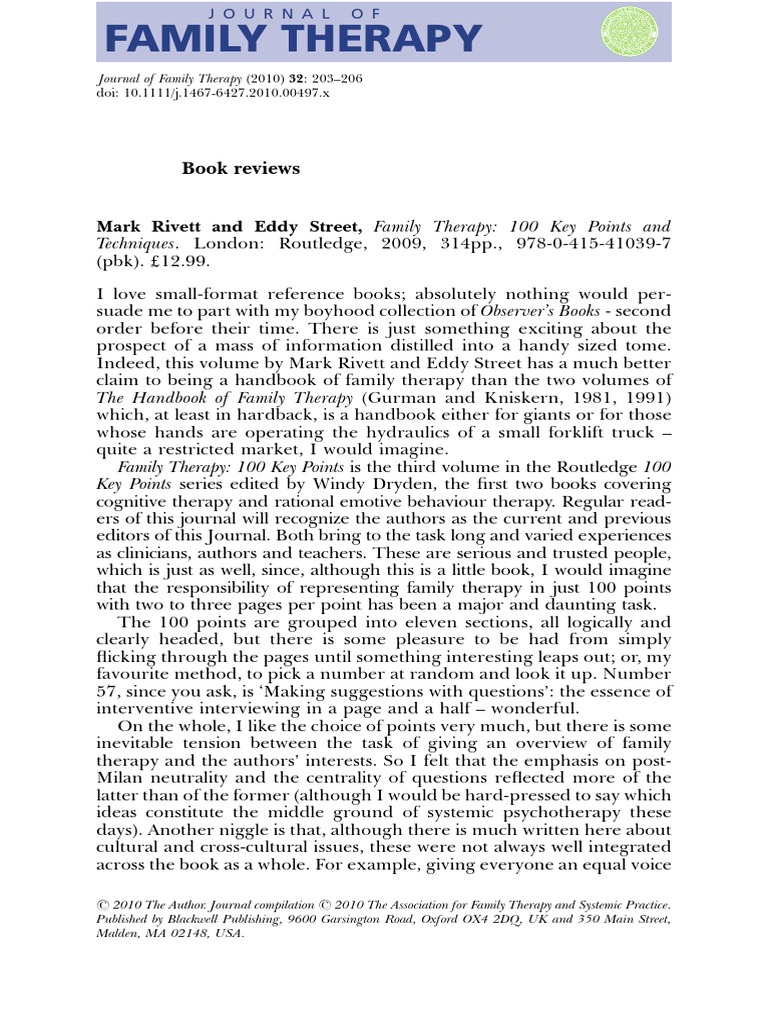 Family Therapy. 100 Key Points and Techniques Mark Rivett y Eddy Street ...