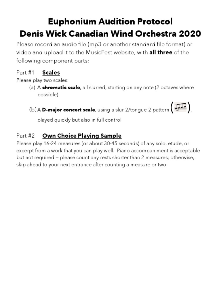 Euphonium Audition Protocol Denis Wick Canadian Wind Orchestra 2020 PDF