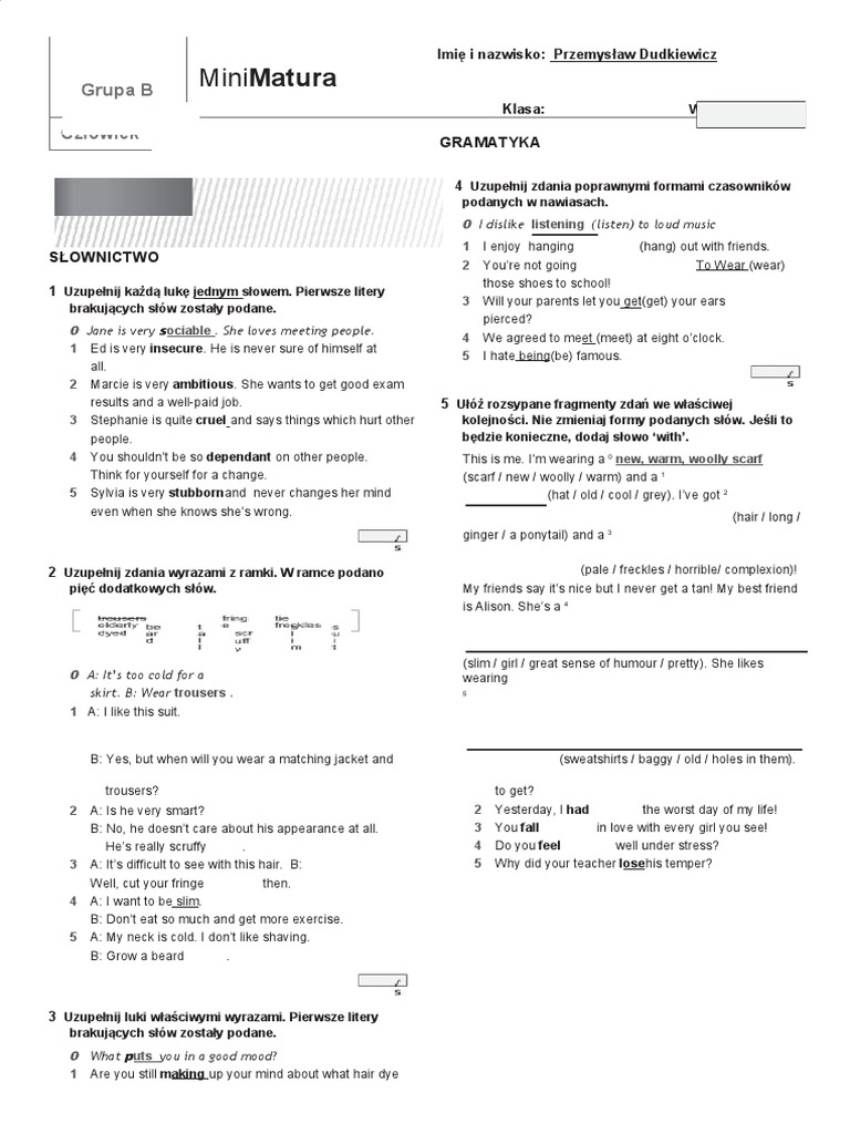 Mini Matura Focus 3 Unit 1 Odpowiedzi