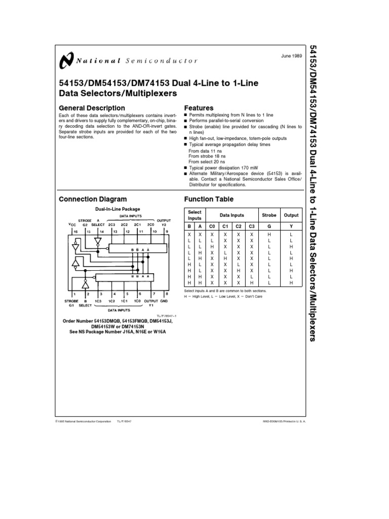 74153 Dual 4-Line to 1-Line MUX Datasheet | PDF | Electrical ...