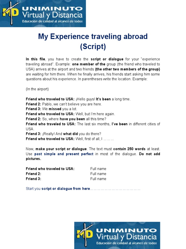 My Experience Traveling Abroad (Script) : Past Simple and Present ...
