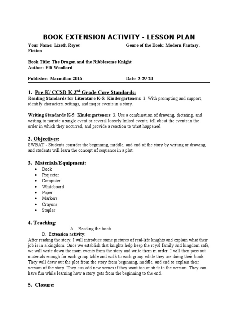 Book Extension Activity Lesson Plan Format Only1 1 1 PDF