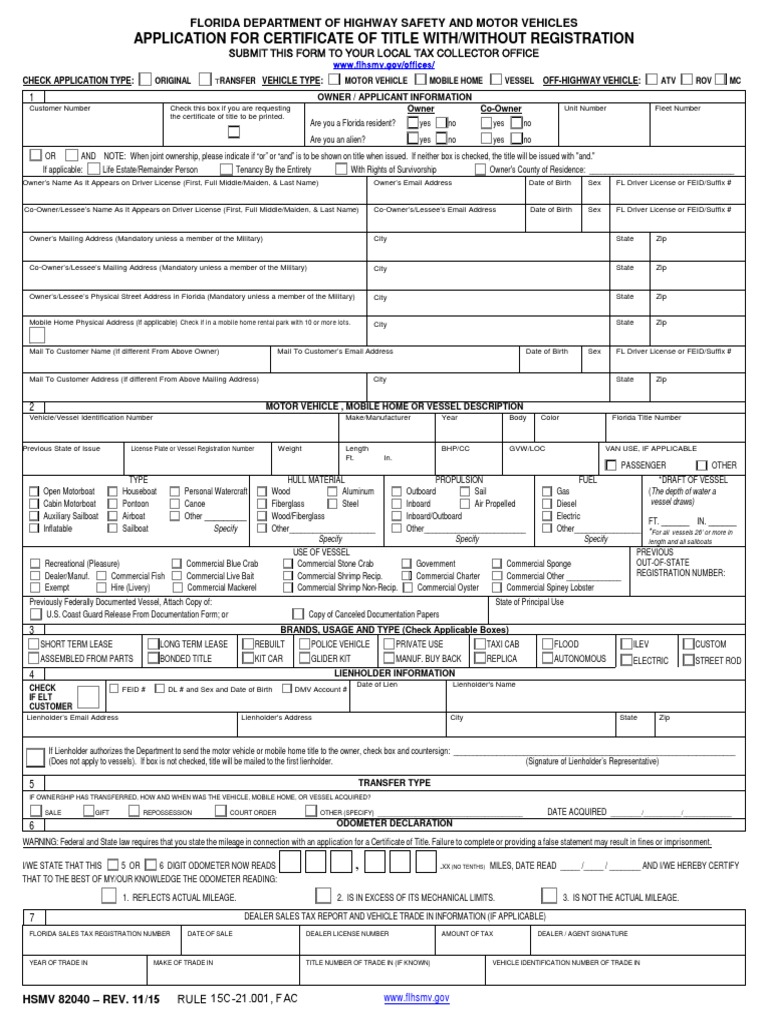 Florida Title Application Form | PDF | Department Of Motor Vehicles ...