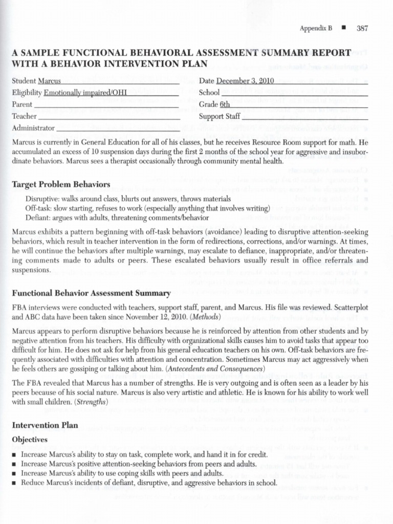 A Sample Functional Behavioral Assessment Summary Report With A ...