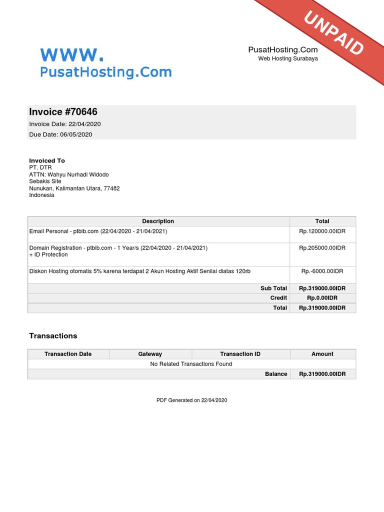 Unpaid Invoice for PT. DTR - Rp.319,000 | PDF | Indonesian Rupiah ...