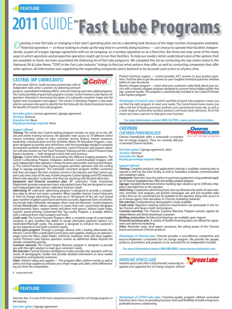 Fast Lube Program Guide 2011 PDF Franchising Royalty Payment