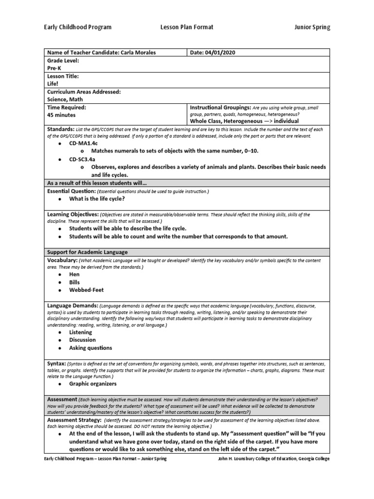Early Childhood Program Lesson Plan Format Junior Spring | PDF ...