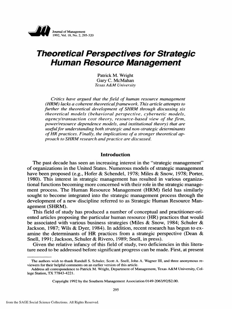 Theoretical Perspectives For Strategic Human Resource Management | PDF