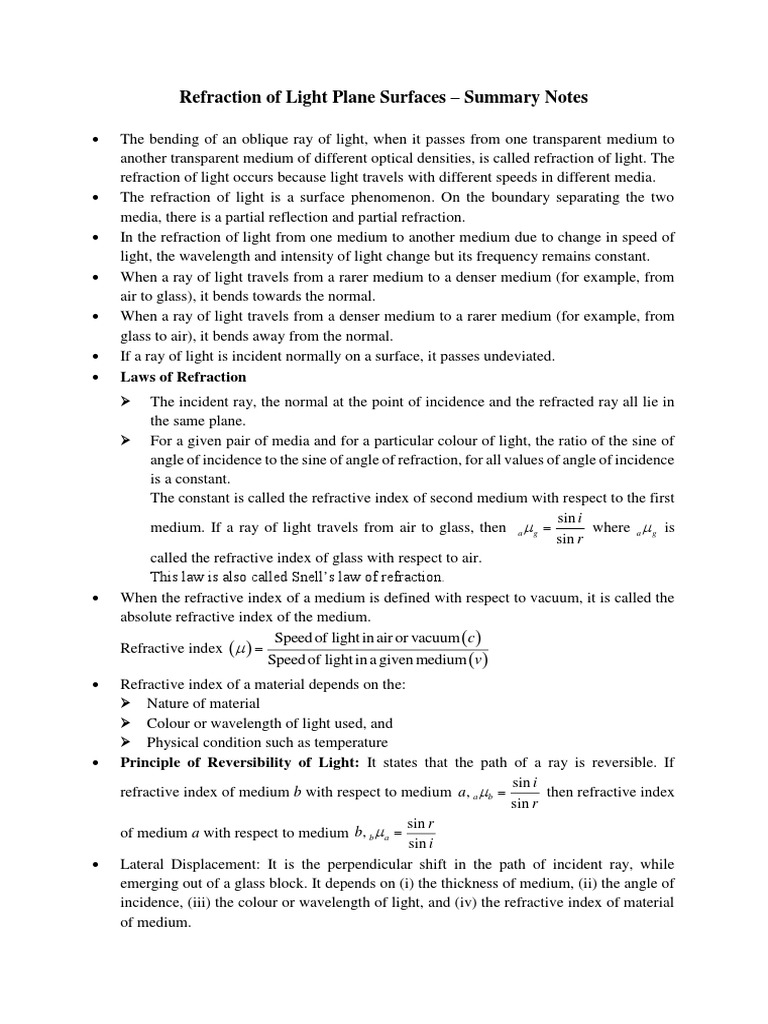 Refraction and Reflection of Light Concepts | PDF | Refraction ...