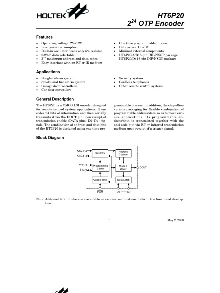HT6P20 - Remote Control System | PDF | Remote Control | Cmos