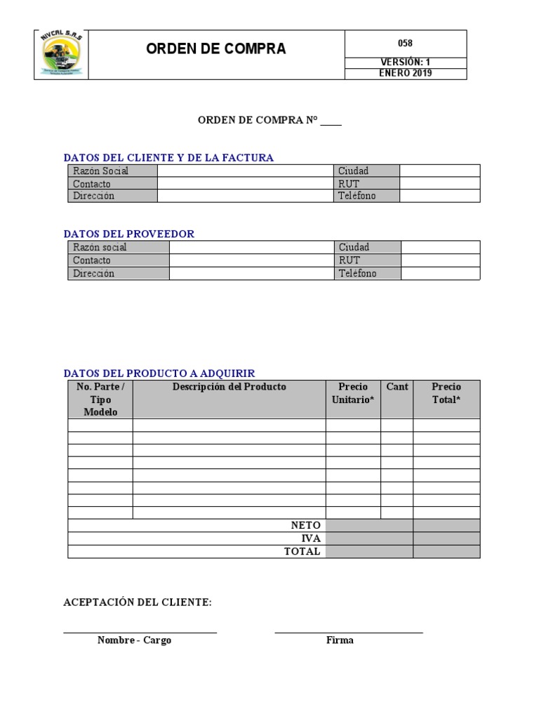 Modelo de Orden de Compra 2019 | PDF | Finanzas y dinero