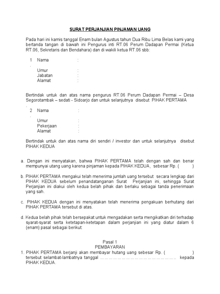 Surat Perjanjian Pinjaman Uang RT.06 | PDF
