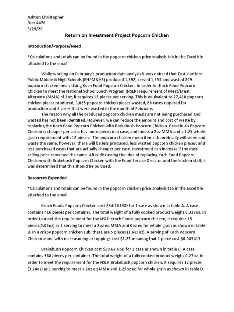 Return On Investment Project Popcorn Chicken PDF School Meal Foods