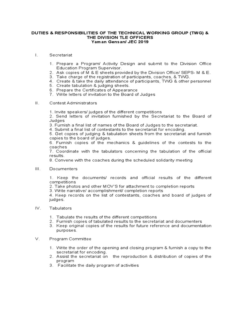 TWG Duties and Responsibilities Overview | PDF | Business | Science ...