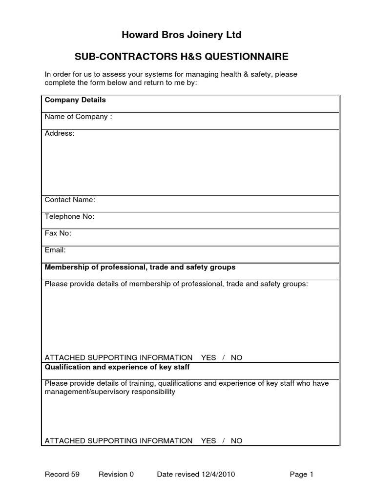 Howard Bros Joinery LTD Sub-Contractors H&S Questionnaire: Company ...
