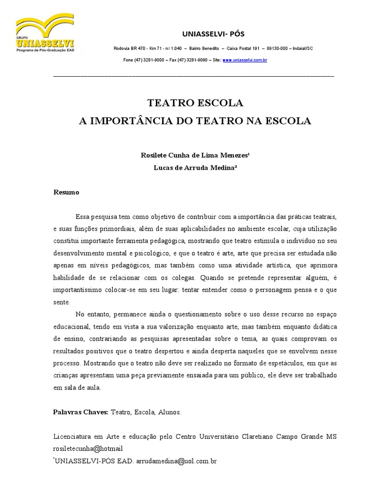 A Importância Do Teatro Na Escola | PDF | Aprendizado | Pedagogia
