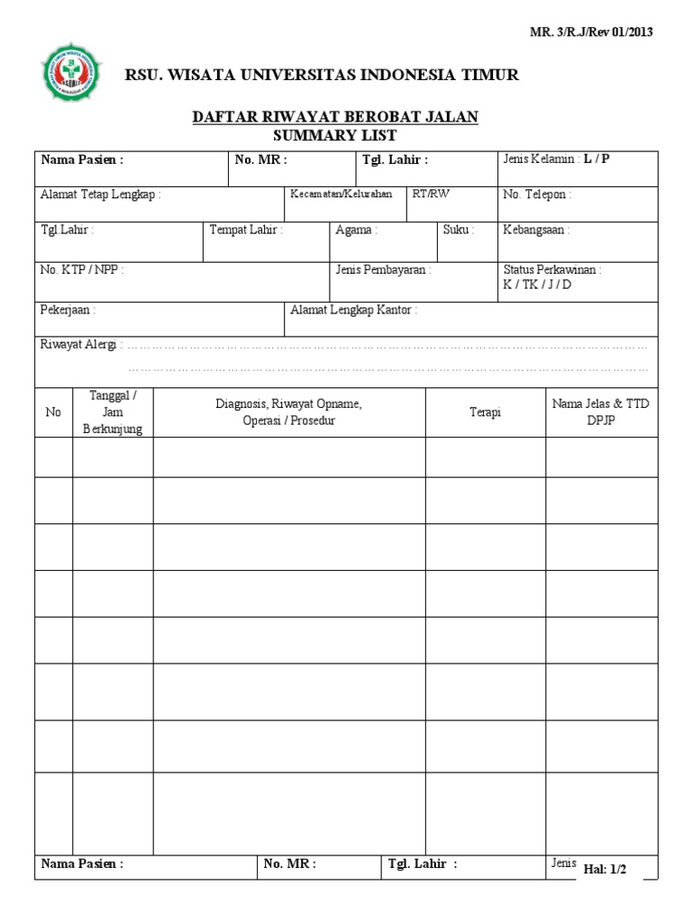 Template Daftar Riwayat Hidup Pasien | PDF