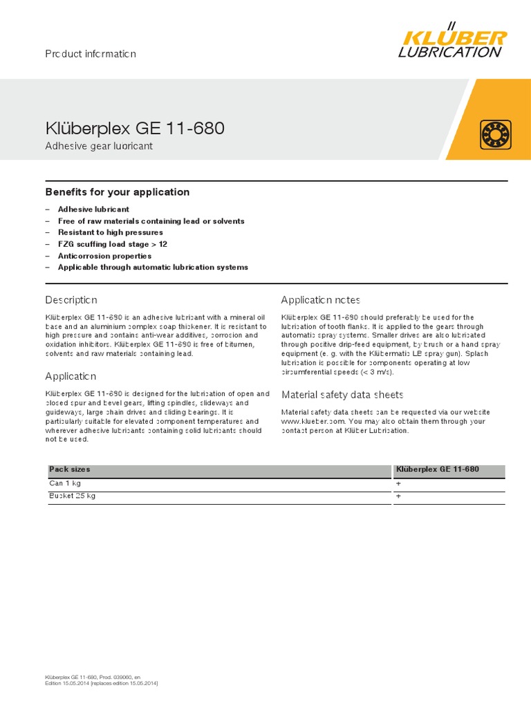 Klüberplex GE 11680 Product Information PDF Lubricant Gear