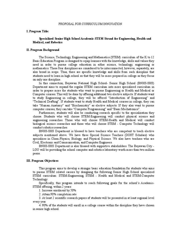 Proposal For Curriculum Innovation | PDF | Science, Technology ...