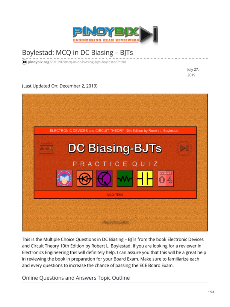 Boylestad MCQ in DC Biasing BJTs PDF Bipolar Junction Transistor