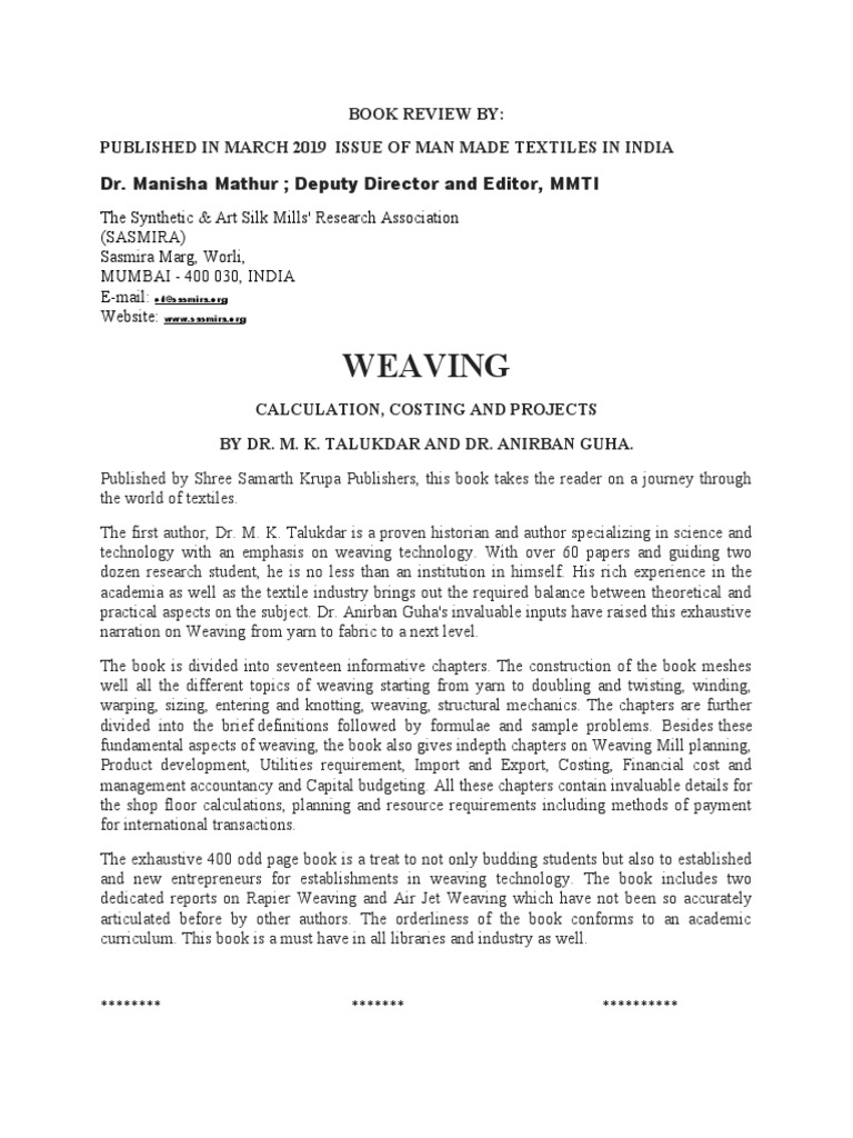 Book Review of The Book Weaving Calculation Costing Projects PDF
