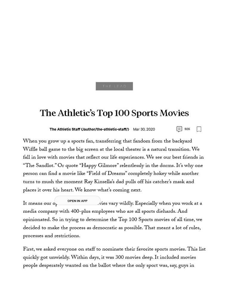 The Athletic's Top 100 Sports Movies The Athletic Staff (/author/the