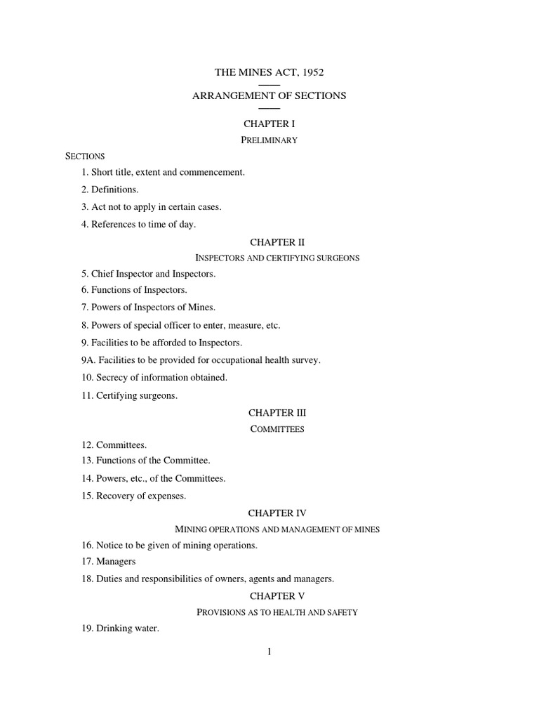 The Mines Act, 1952 Arrangement of Sections Reliminary Ections