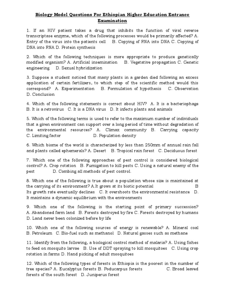 Biology Model Questions For Ethiopian Higher Education Entrance ...