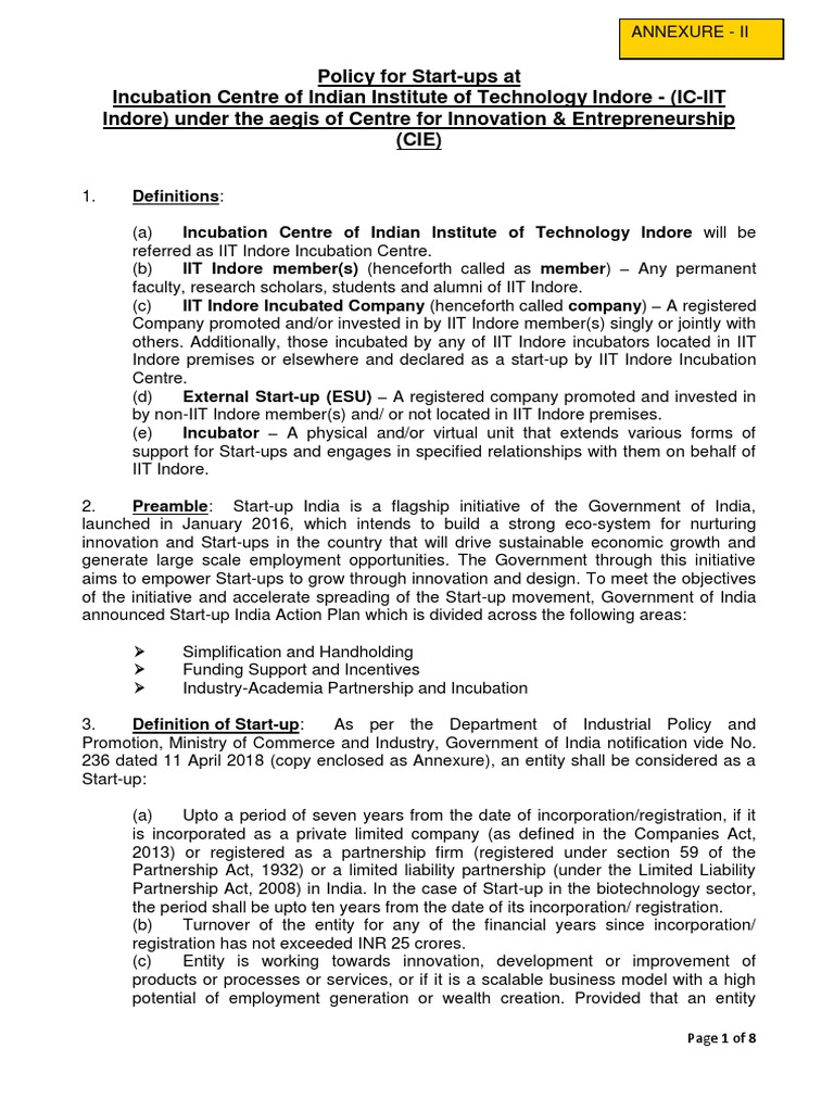 Policy Guidelines for Startup Incubation at the Indian Institute of