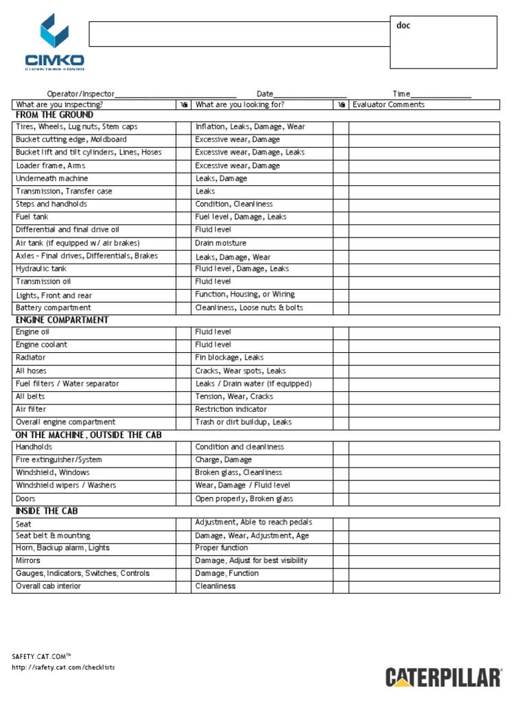 Wheel Loader Inspection Checklist | PDF | Loader (Equipment) | Truck
