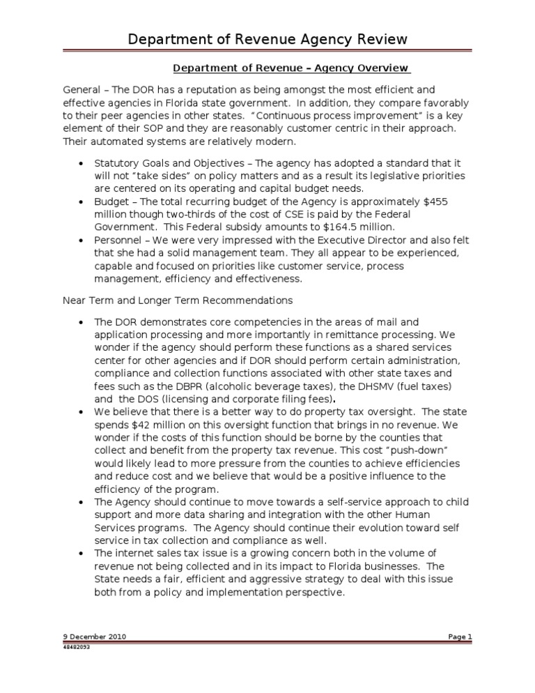 FL DOR Agency Review Overview | PDF | Policy | Taxes