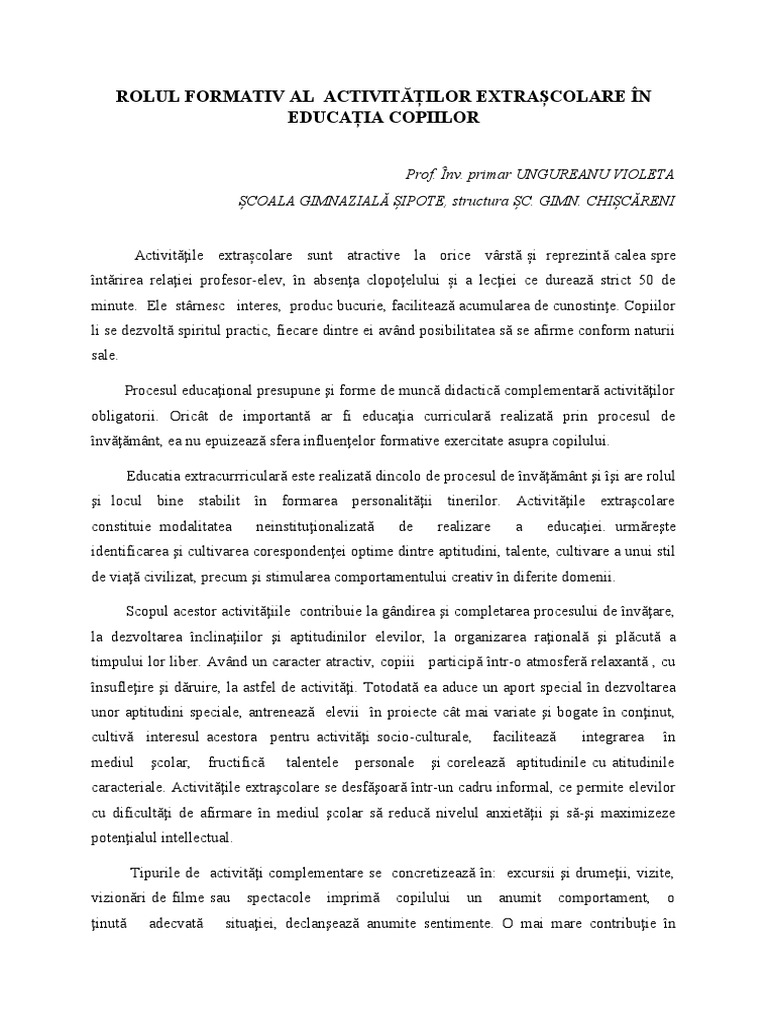 Rolul Formativ Al Activ. Extrasc. În Educatia Copiilor | PDF