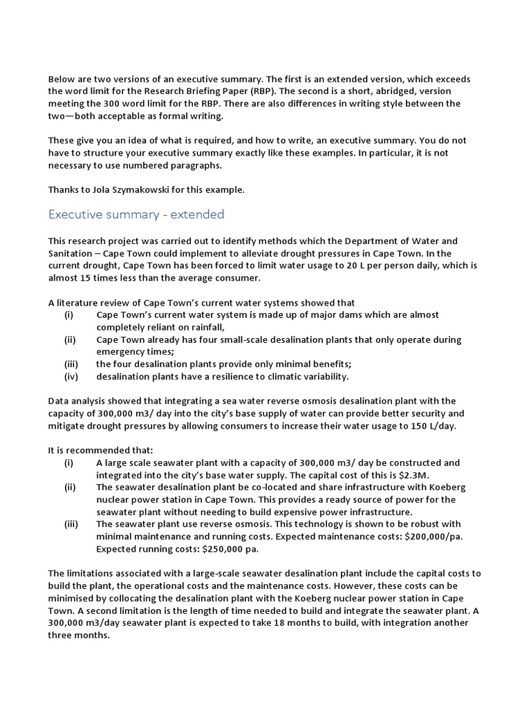 H10 RBP Executive Summary Examples  PDF  Desalination  Water