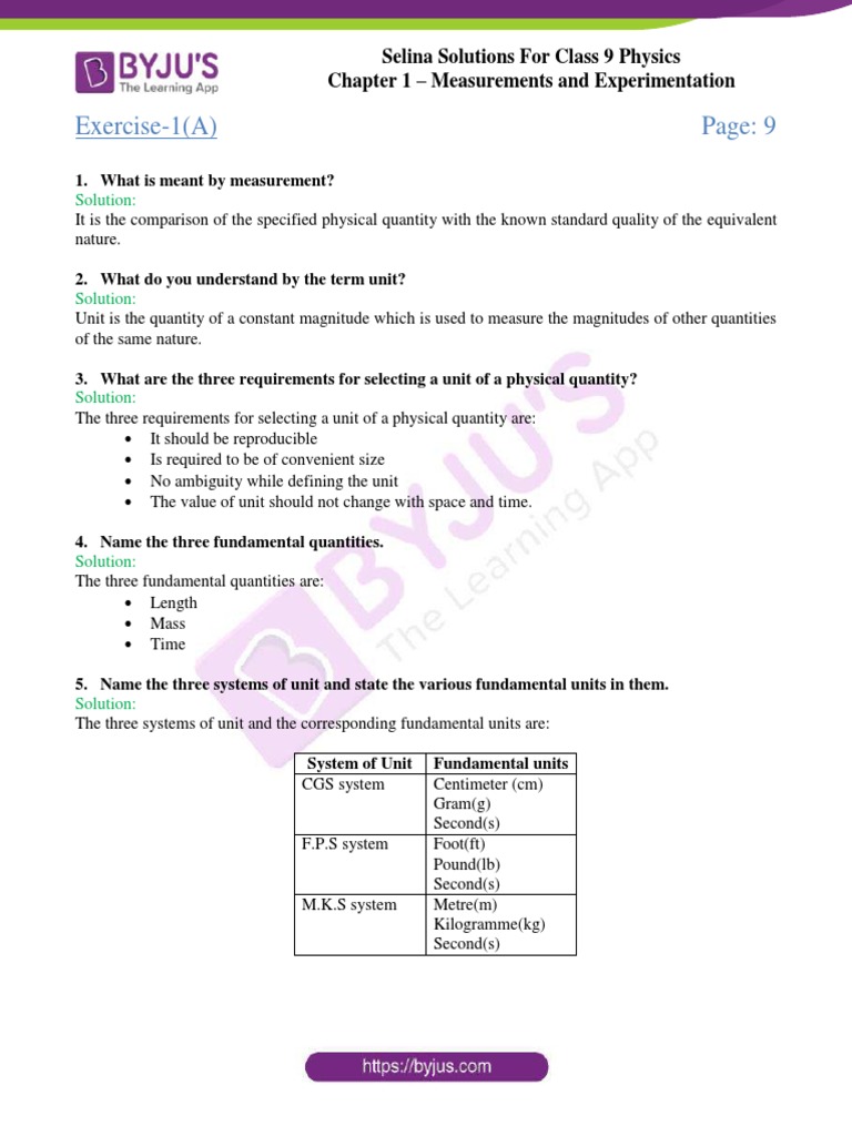 Selina solutions for class 9 physics chapter 1 measurements and