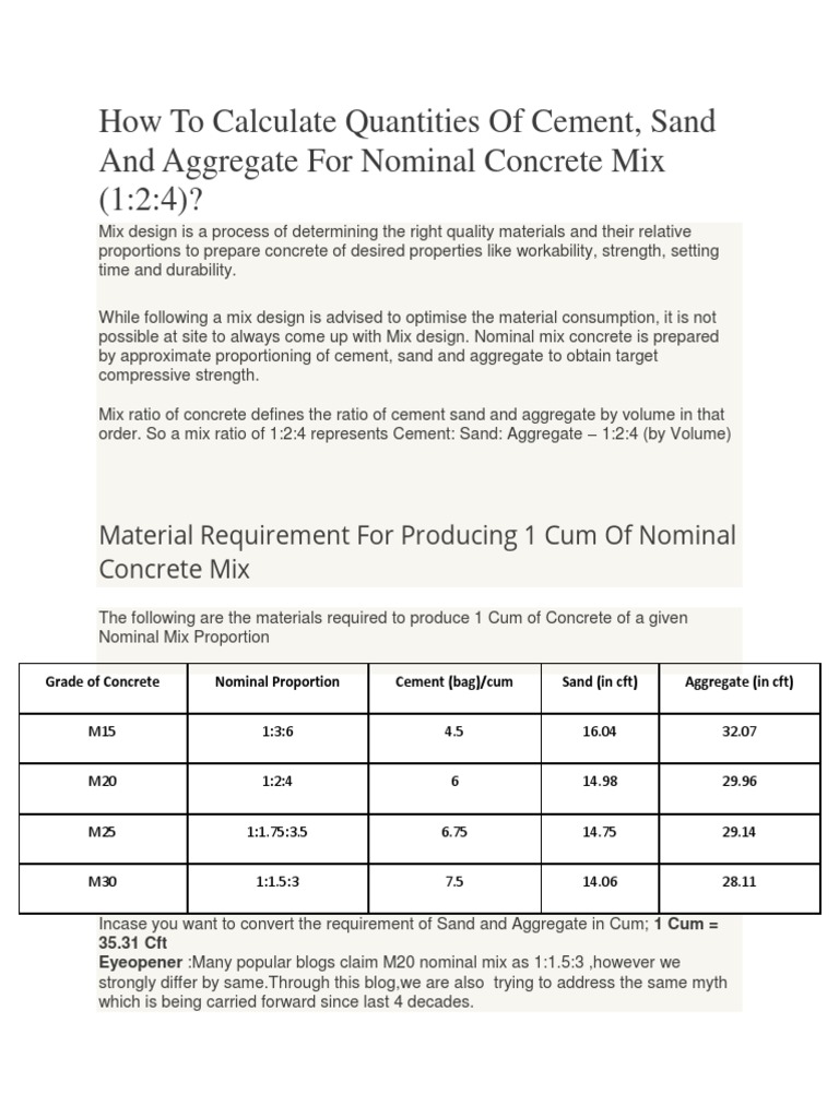 How To Calculate Quantities of Cement, Sand and Aggregate For Nominal