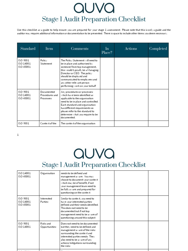 Stage 1 Audit Prep Checklist | PDF | Iso 9000 | Internal Audit