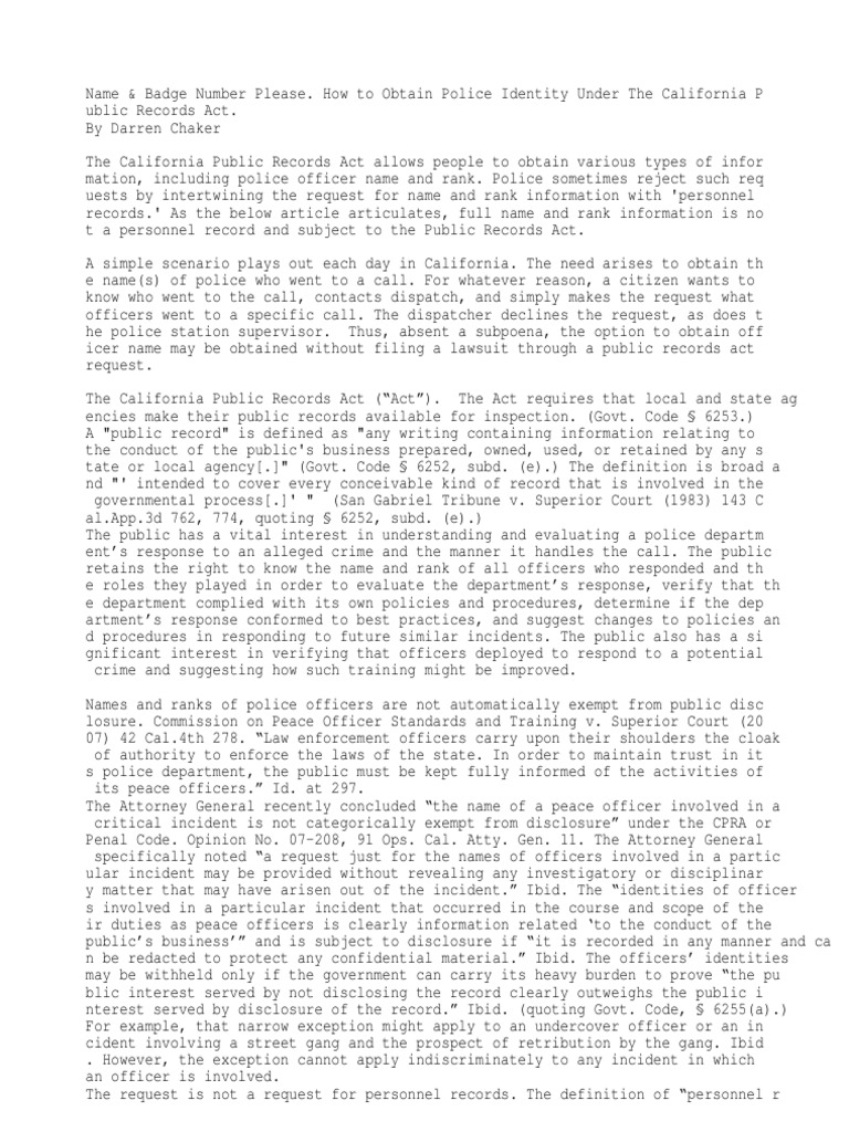 Obtaining Police Officer Name/Rank Under California Public Records Act